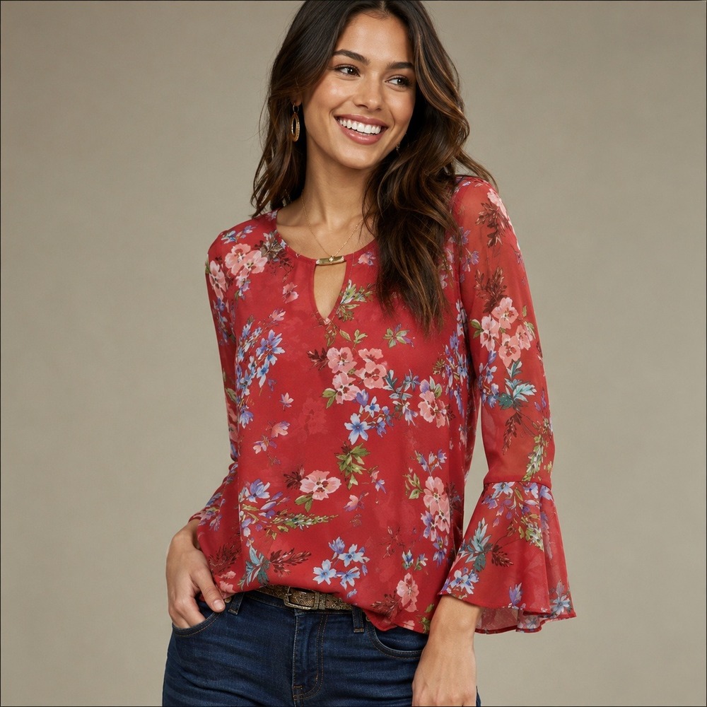 Cabi Floral Blouse Women S Red Romantic Fairy Boho Tiered Bell Sleeve Keyhole